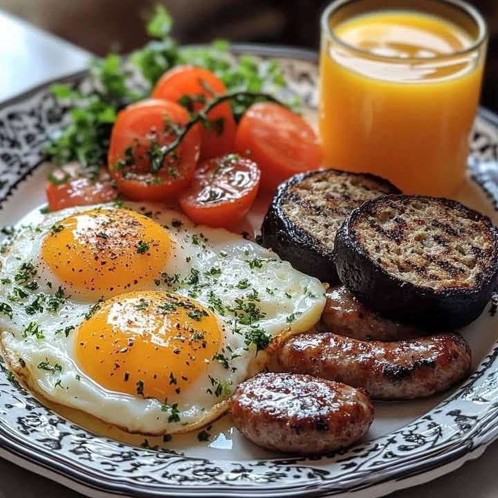 scrambled eggs breakfast plate with sausage, tomatoes, and orange juice!